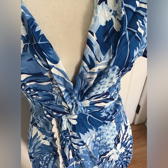 America & Beyond Elegant Long Dress 100% Viscose Blue and White with Lace Size S - Picture 3 of 9